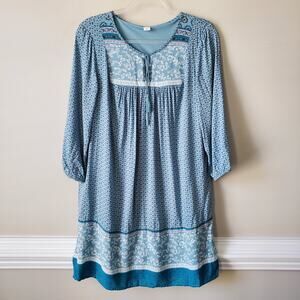 Blue Floral Boho Mini Peasant Dress M Hippie Festival Country Flowy Relaxed NEW